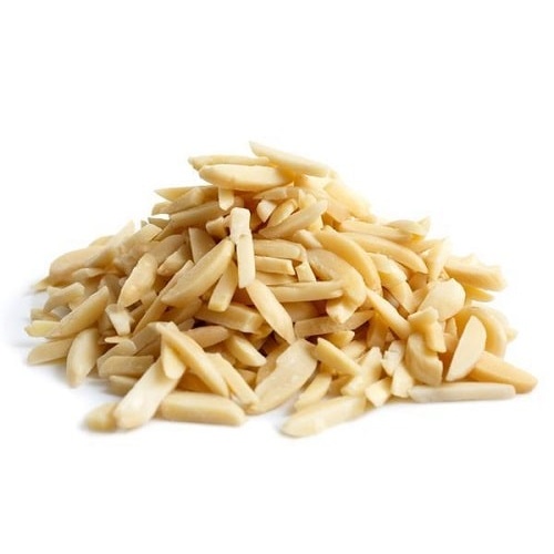 Pile of peeled slivered almonds isolated on white.