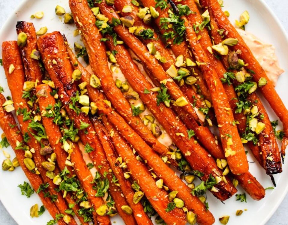 Maple Roasted Carrots with Harissa Vegan Yogurt